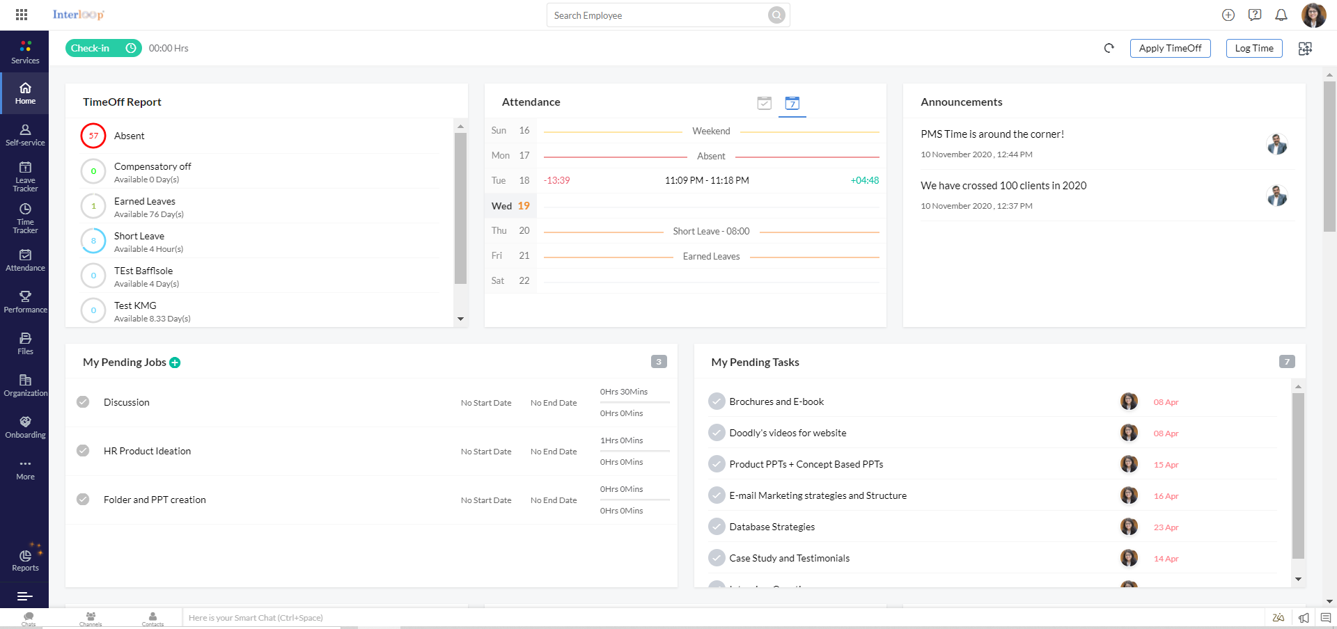 Zoho People dashboard to quickly apply for leaves